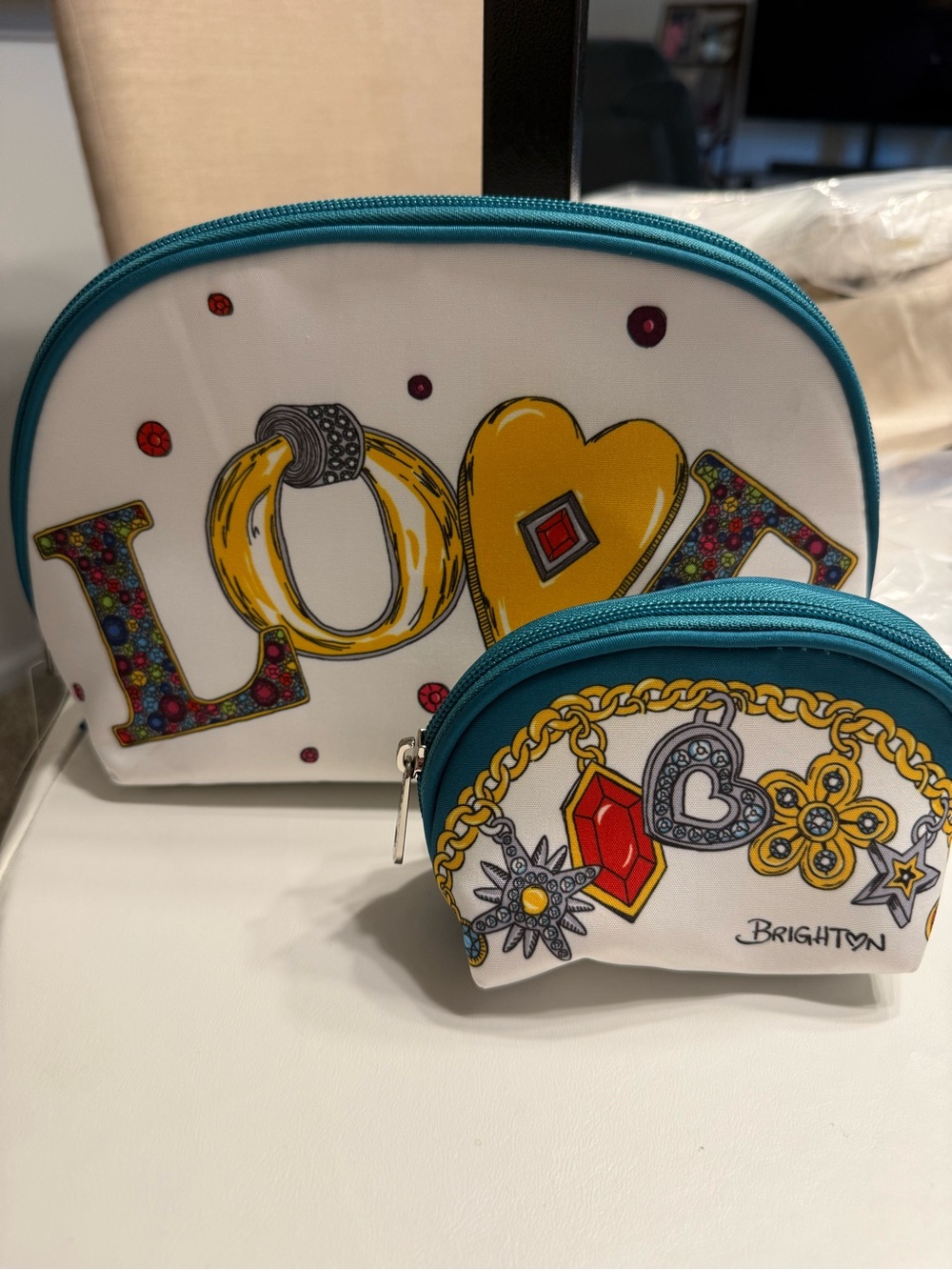 Brighton 2 Piece Charmed ‘LOVE' Cosmetic Pouch with Colorful Jewel Print